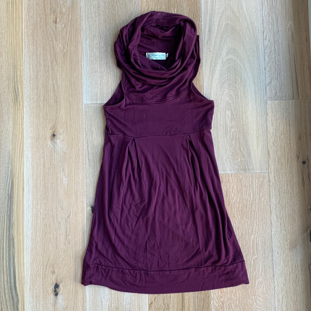 Fighting Eel eggplant sleeveless dress with shawl style neckline.